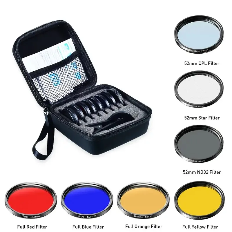 Kit de lentes de filtro 7 en 1, filtro UV totalmente azul y rojo de 52 mm/2,05 pulgadas + filtro CPL ND + Star adecuado para teléfonos móviles, cámaras, videos, Vlo