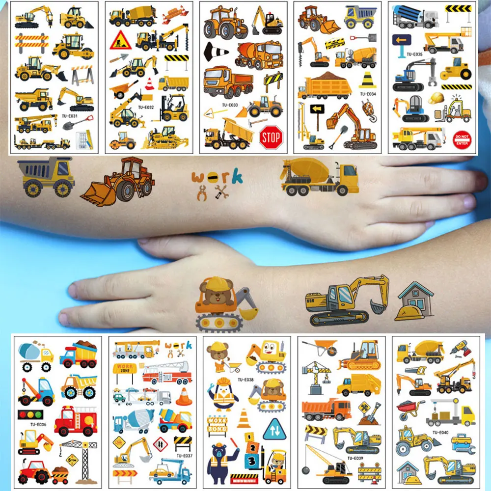 10pcs Temporary Tattoos for Children Cartoon Truck Excavator Tattoo Stickers Engineering Truck Fake Tattoo Stickers for Kids