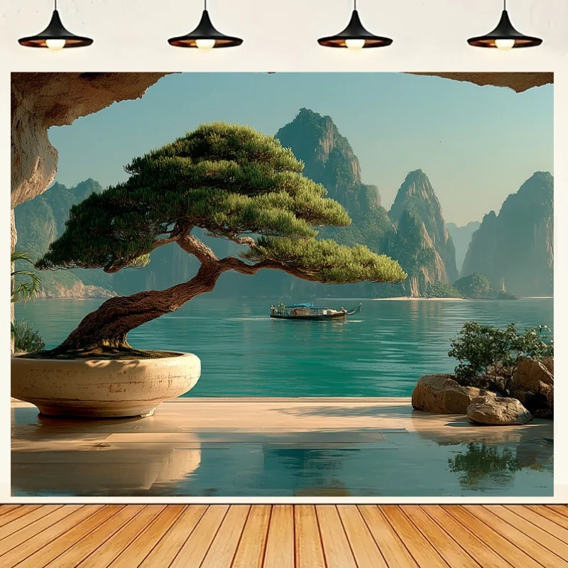 Bonsai Window View Scenery Tapestry - Landscape Mountain Design Wall Hanging for Wedding and Party Backdrop