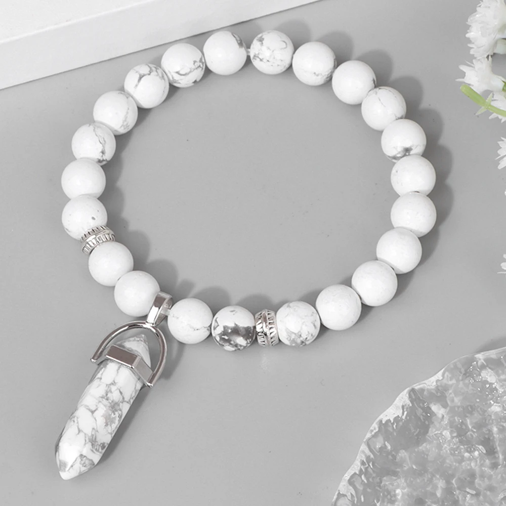 Trendy Hexagonal Prism Pendant Bracelet Healing Stone White Howlite Beads Bracelet For Women Bangle Elastic Men Jewelry Handmade