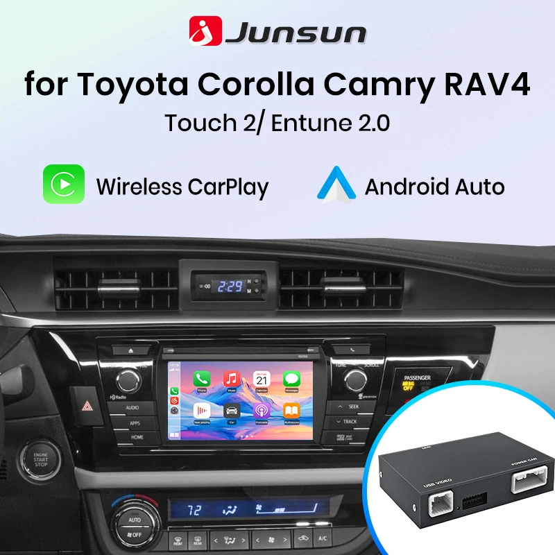 Junsun kabelloser CarPlay- und Android-Auto-Adapter für Toyota Corolla, CHR, Camry, Highlander, RAV4, Touch2- und Entune2.0-Systeme, mit Bluetooth und MirrorLink-Funktion.