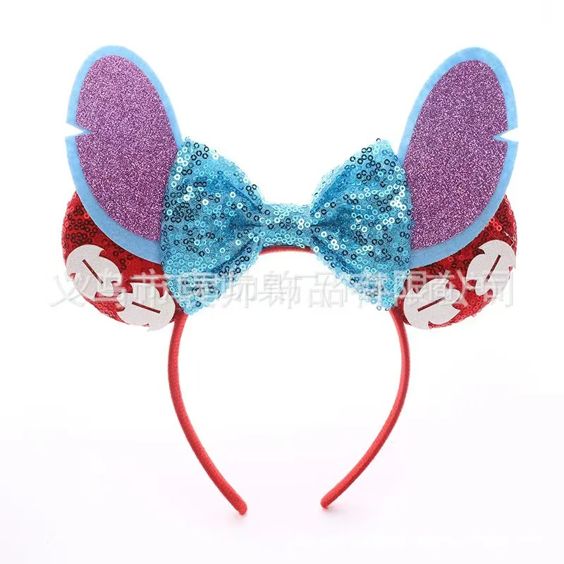 Kawai Disney Stitch Fascia per capelli Topolino Simpatico Buzz Lightyear Fascia per capelli con fiocco in paillettes Accessorio per capelli Decorazione del parco divertimenti