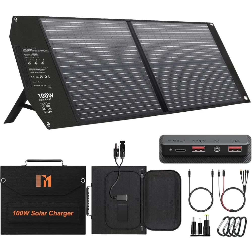 

100W Portable Folding Solar Panel Charger for 24V Power Station with Stand and Quick Charge USB Ports