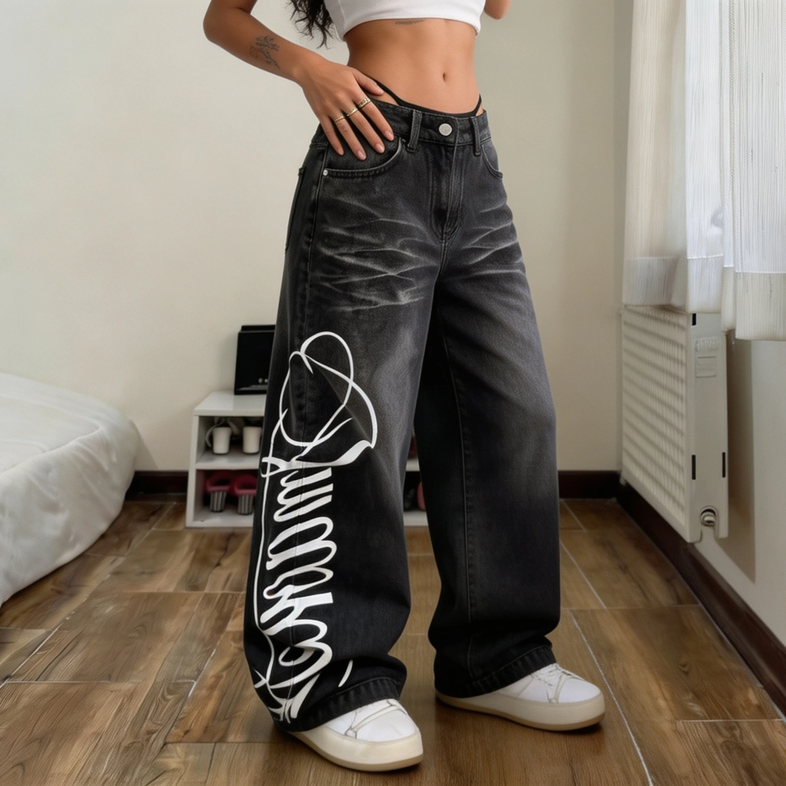 Printed Denim Wide Leg Pants Women New Trendy Cross Border jeans