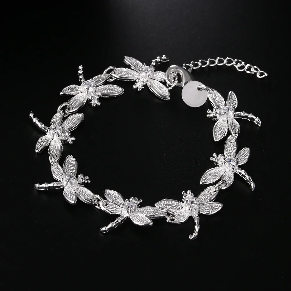Hot fine crystal dragonfly chain 925 Sterling Silver Bracelets for woman classic Wedding party Christmas Gifts fashion Jewelry