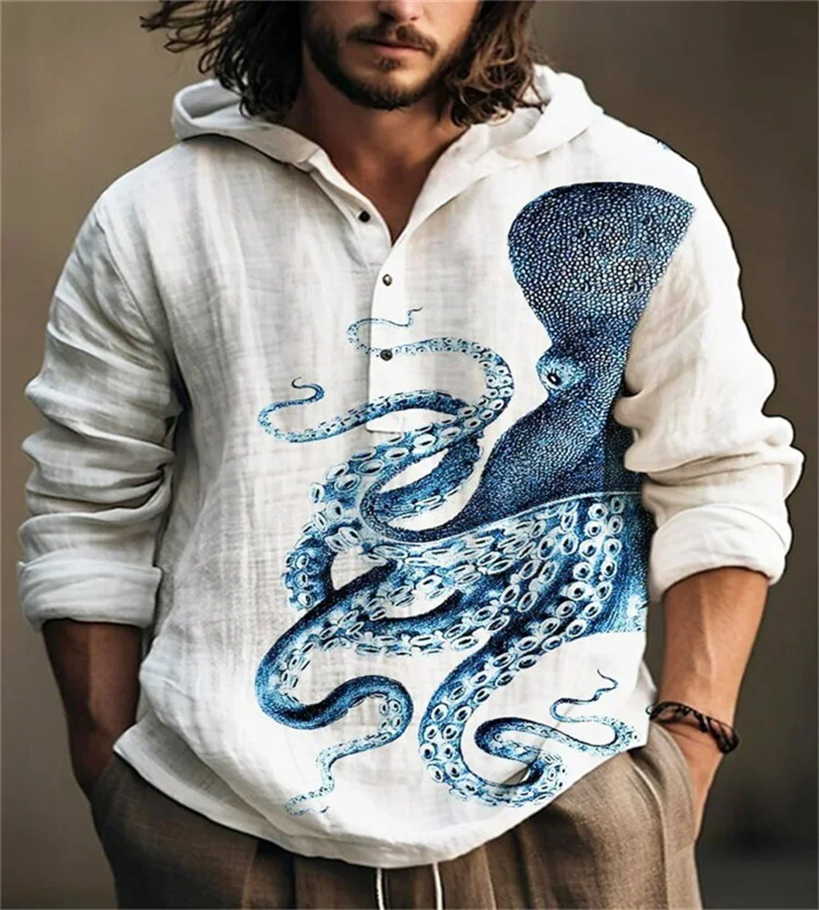 

New Spring and Autumn Shirt Independent Station Casual Octopus Hawaiian Style Printed Shirt Men's Top Long Sleeve Hooded Pullove