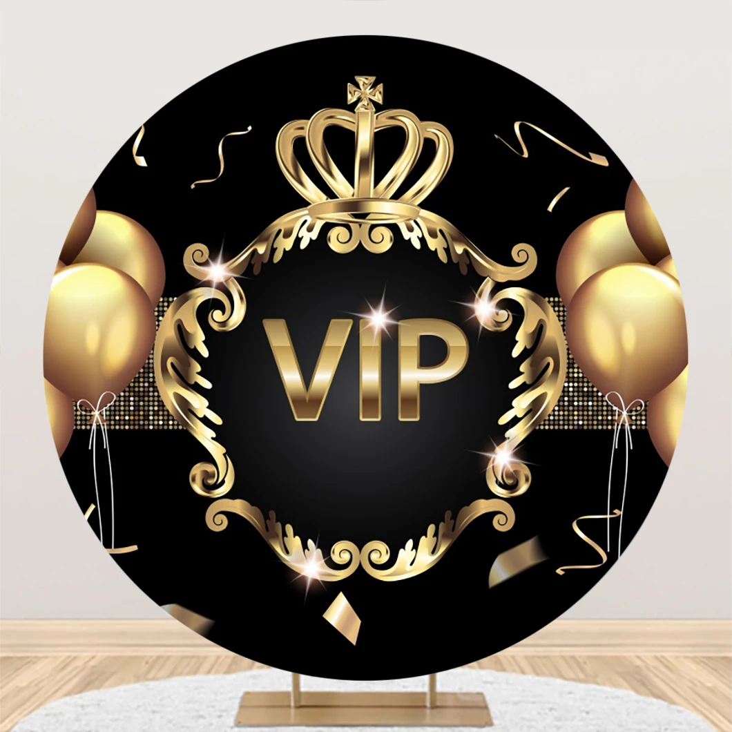 

Round VIP Backdrop Woman Man Birthday VIP Party Decoration Black and Gold Royal Crown Balloons Circle Background Photography