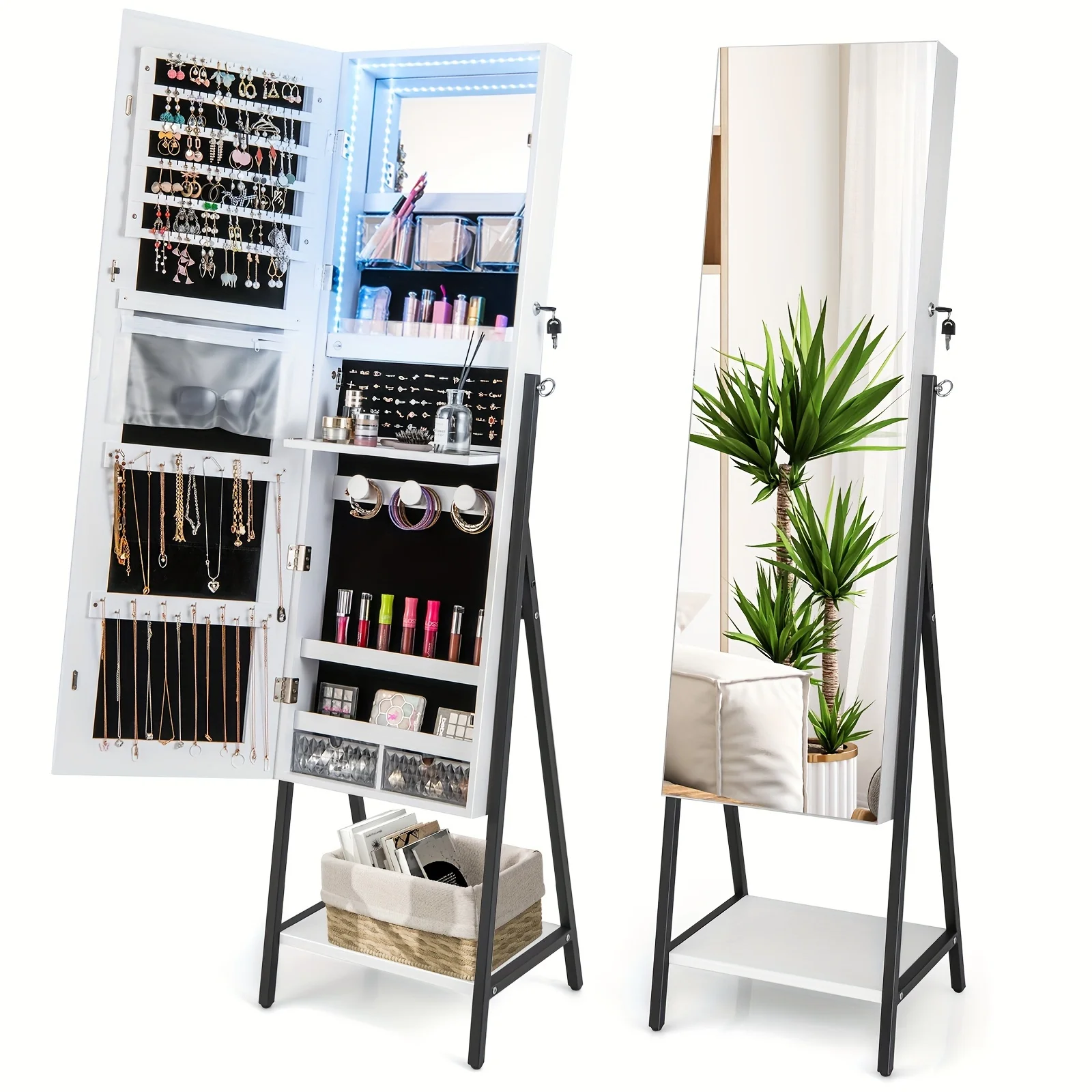 

Freestanding Jewelry Cabinet, Lockable Floor Jewelry Armoire Organizer W/ Full-Length Mirror, 3-Color LED Lights, White/Brown