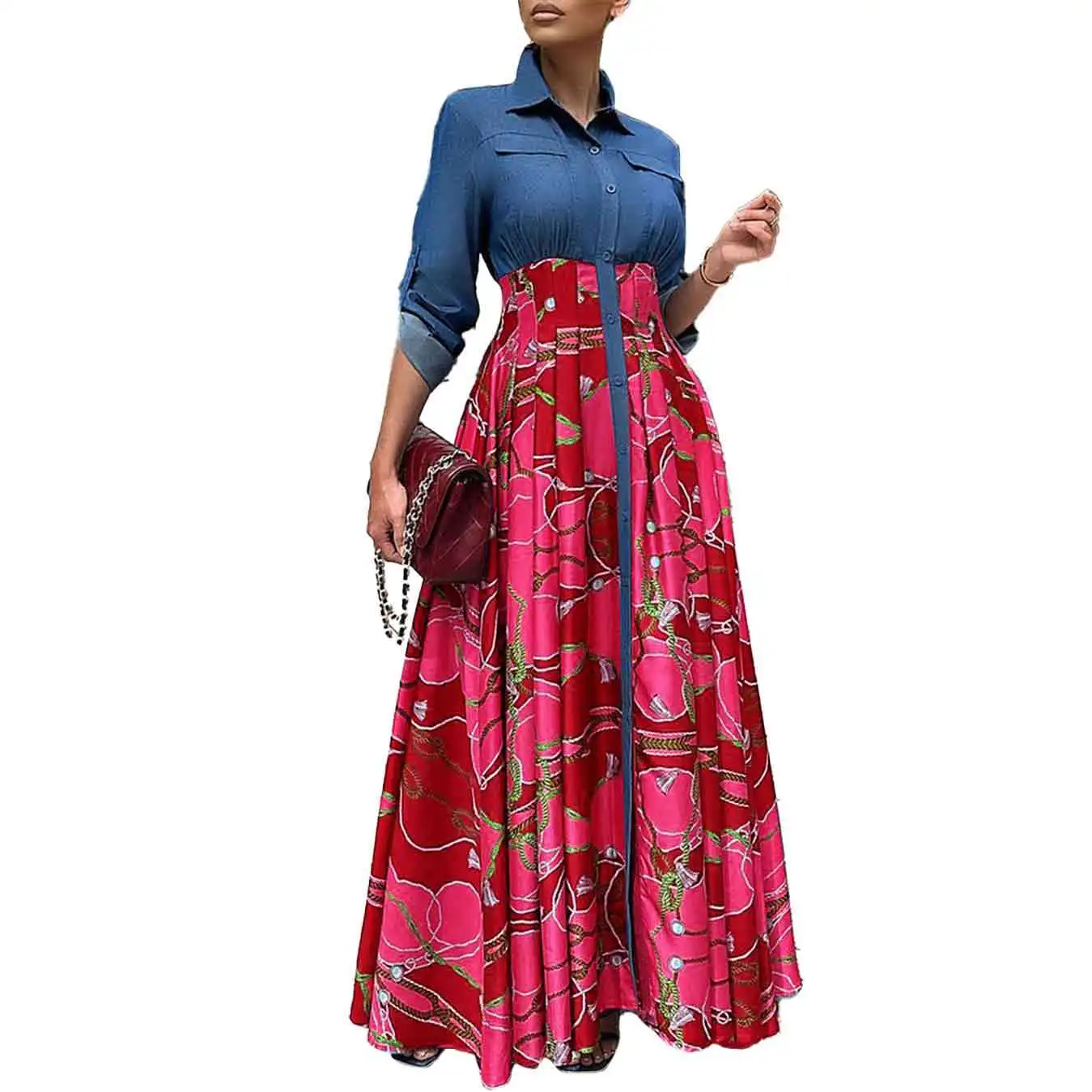 Herbst gedruckt Button-Down-Shirt Maxi kleid Frauen Denim Patchwork Langarm geraffte Party Abend Arbeit lange Kleider