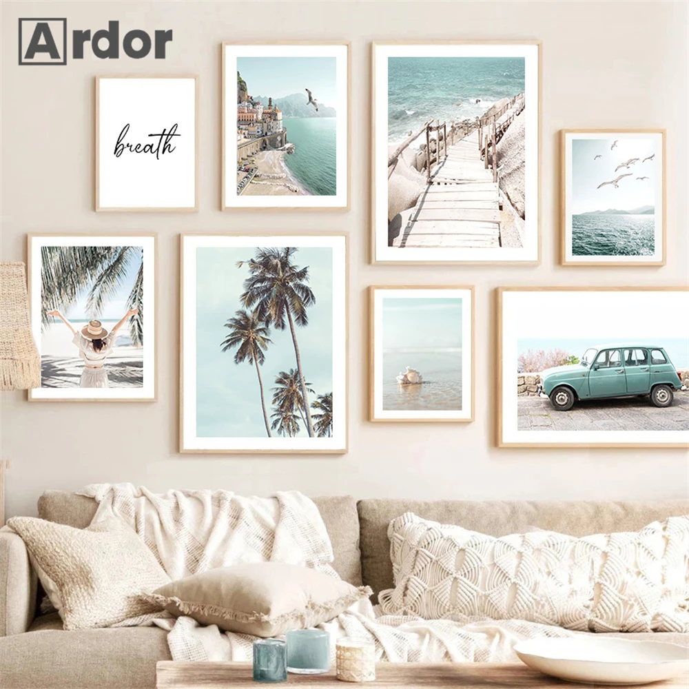 Seascape Car Prints Coconut Tree Canvas Painting Bridge Wall Art Poster Seagull Posters Nordic Wall Pictures Living Room Decor