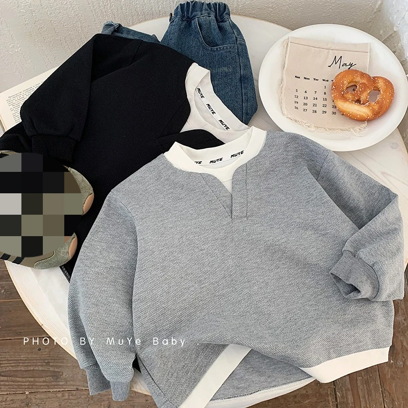 2026 Autumn Kids Hoodie Fall New Childrens Wear Boys Korean Fake Two Layer Pullover Baby Casual Wear Top