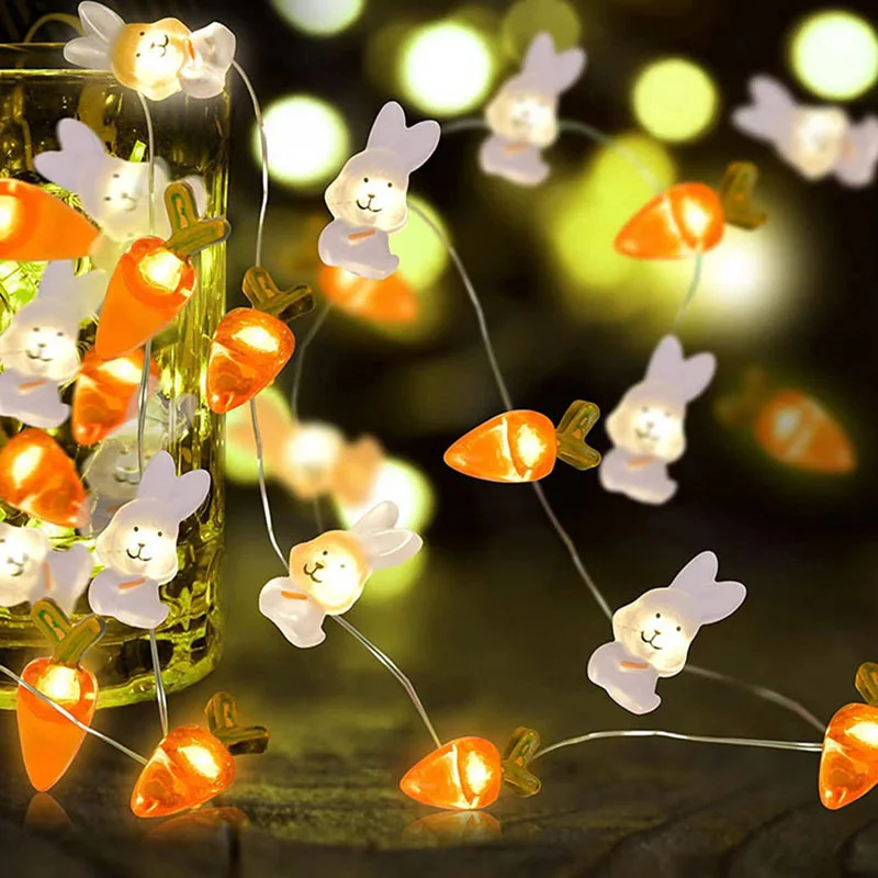 Cute LED Bunny Carrot String Lights Easter egg Rabbit Fairy Lights for Indoor Home Bedroom table plant decoration