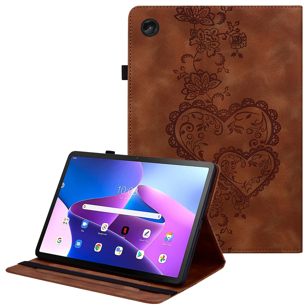 For Lenovo Tab M10 (Gen 3) Leather Case Heart Imprint Foldable Stand Card Slot Stylus Holder Tablet Cover - Brown