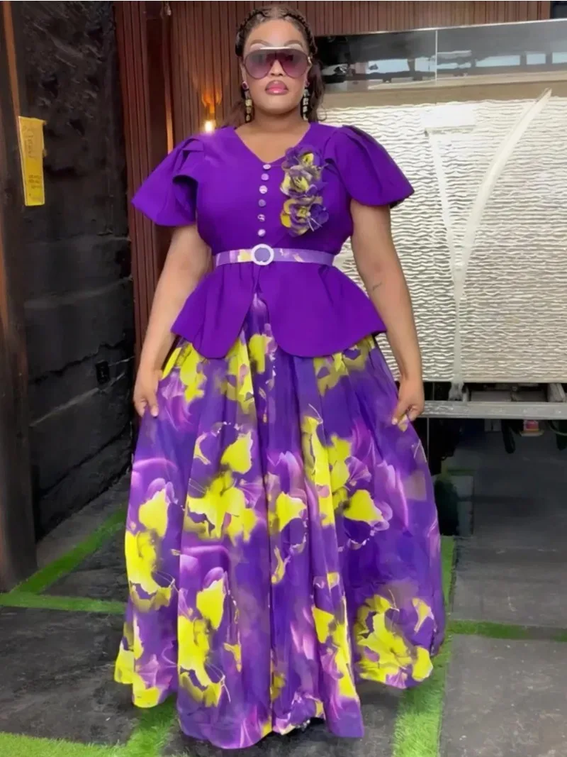

Elegant African Dresses for Women 2025 Summer Fashion Short Sleeve Print Robe Plus Size Muslim Wedding Evening Party Long Dress