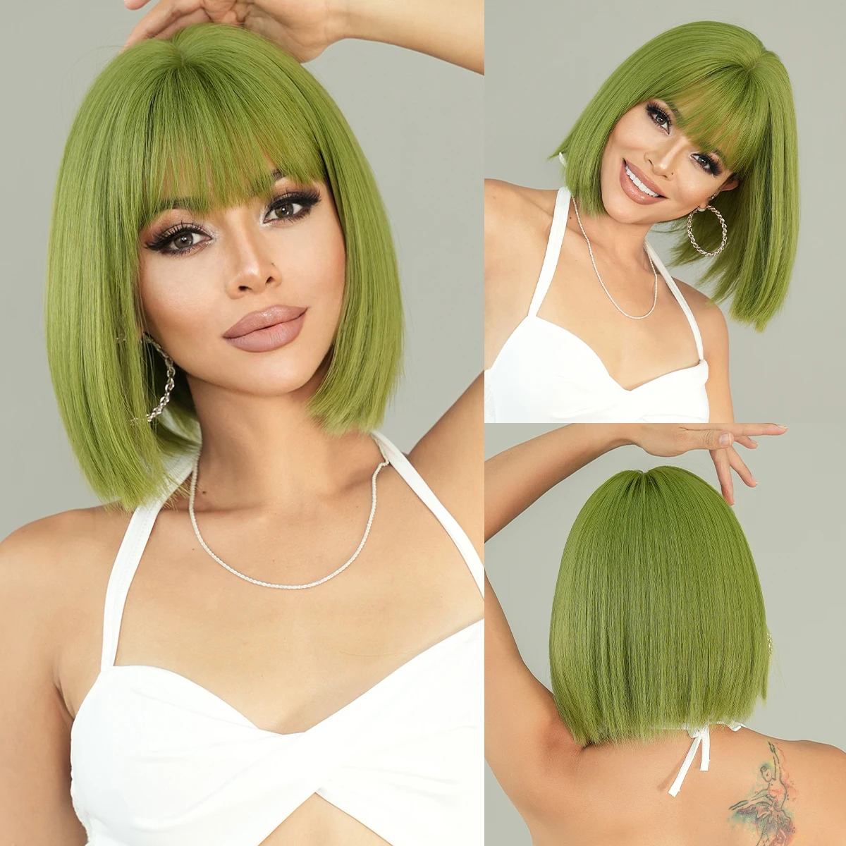 

NAMM Green Wig with Bangs Wavy Wigs For Women Synthetic Wig Festival Party Cosplay Daily Use Female Fake Wigs Heat Resistant