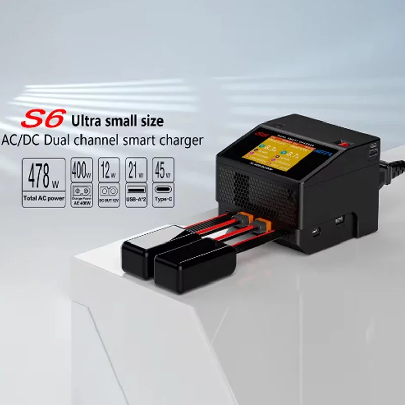 HOTA S6 AC400W DC650W 15A Dual Channel Smart Ultra Small Size Charger for Lipo LiHV Life LiIon NiZn NiCd NiMH Battery