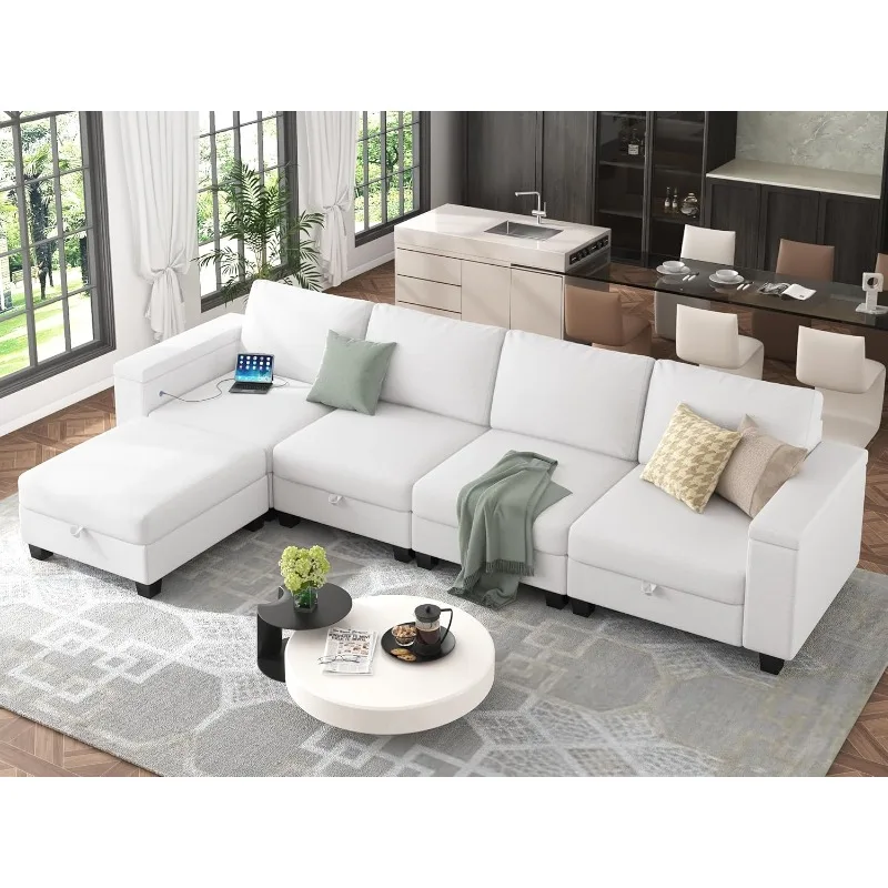 

Домашняя секция 132 дюйма для гостиной, белый L-образный диван с портами USB + Type-C, 5-местный модульный секционный диван с Sto