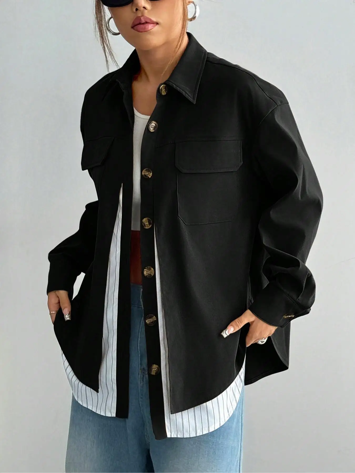 سترة نسائية كاجوال مخططة مرقعة، قماش منسوج بأكمام طويلة، نمط مناسب لجميع المواسم، سمك معتدل #2