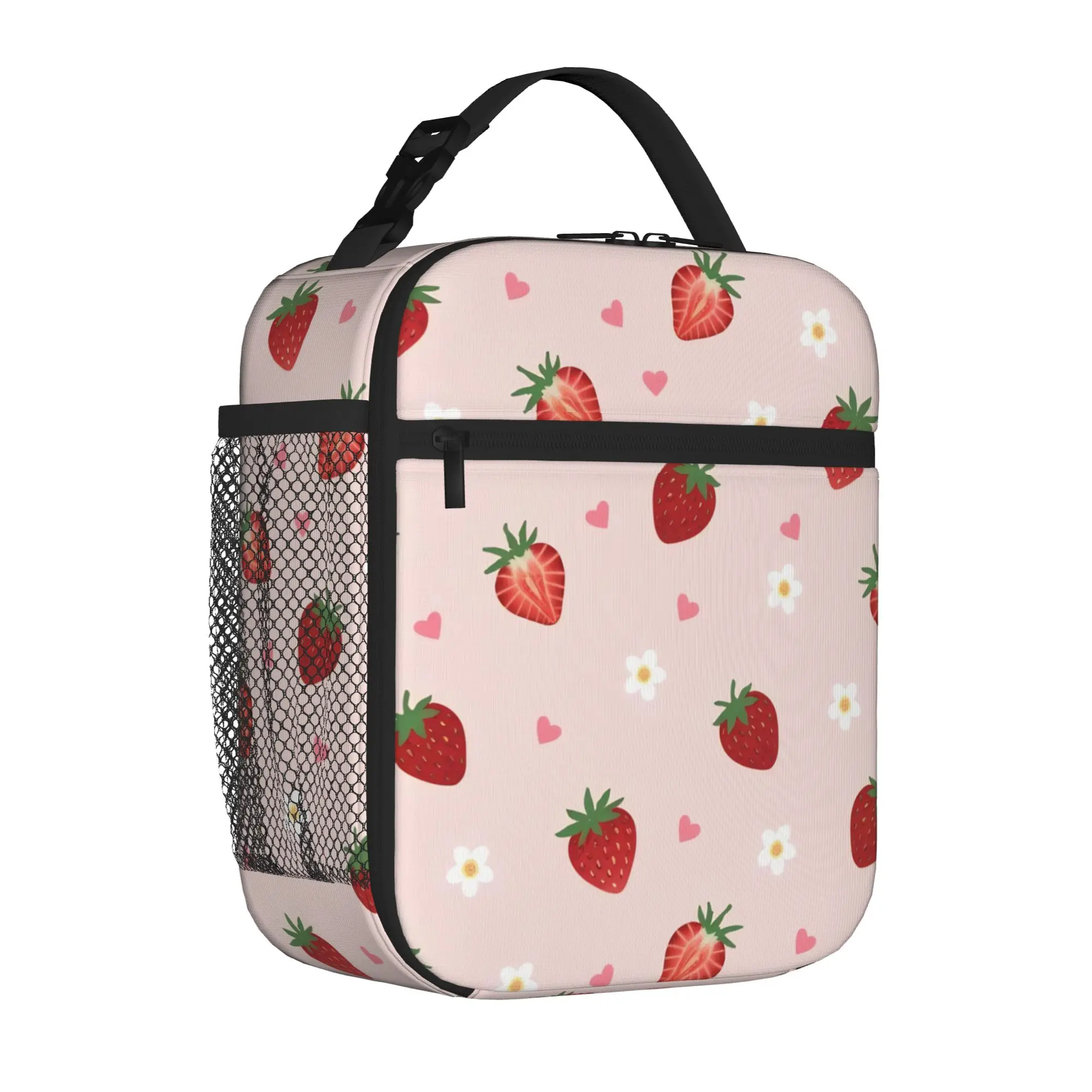 Pink Strawberry Cute Floral Tote Insulated Lunch Bag Cartoon Portable Food Bags Leakproof Cooler Thermal Large Size Bento Box