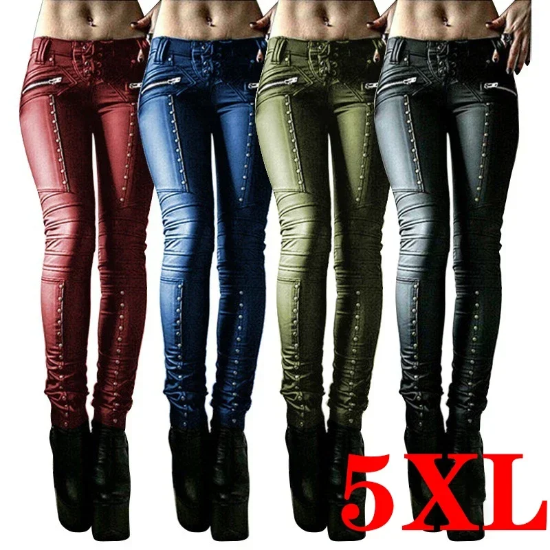 2021 Women's Pants Retro Leggings Solid Punk Bandage Rivet Stitching Pleated Trousers Capris Leather Pencil Pants Joggers