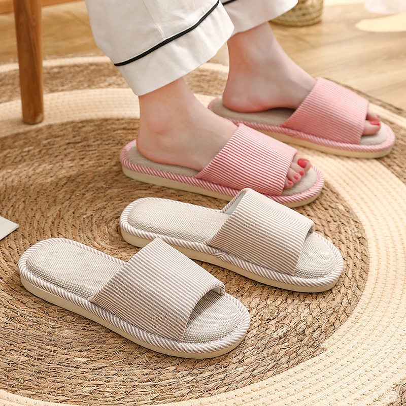 Striped House Slipper Men Cartoon Bear Capybara Stripe Autumn Linen Flip Flops Indoor Home Non Slip Sandals Shoe Women Flat Flax