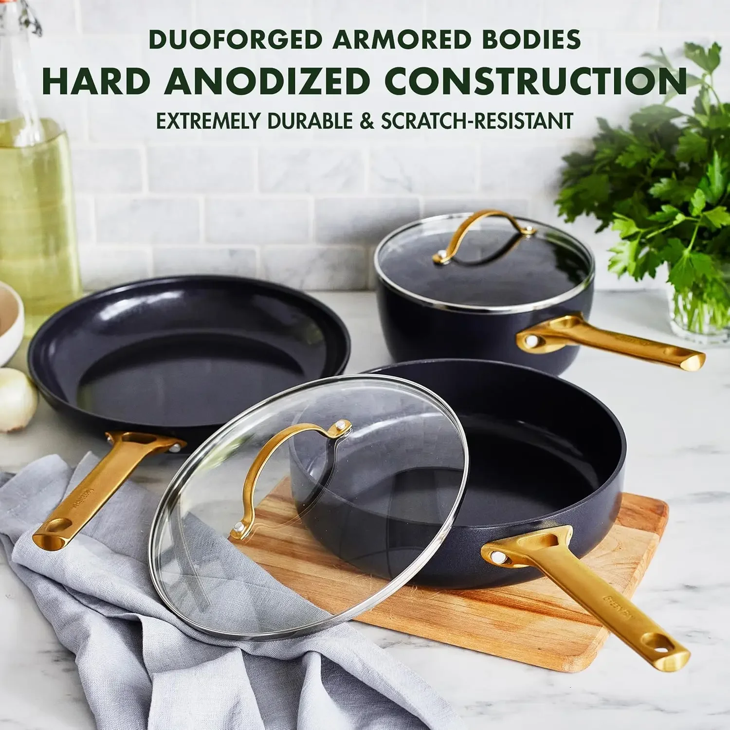 

Reserve Hard Anodized Healthy Ceramic Nonstick 5 Piece Cookware Pots and Pans Set, Gold Handle