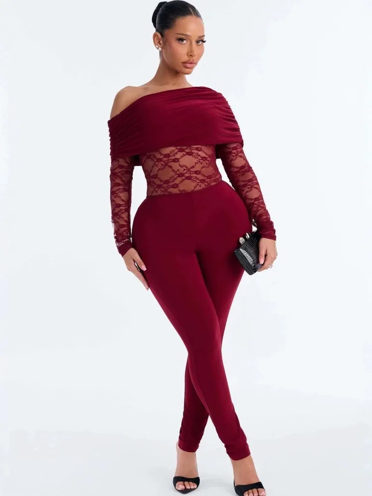 Solid Women Jumpsuits For Spring Autumn Long Sleeve Off Shoulder Loose Fashion Streetwear Lace Overalls Pants Trousers 2026