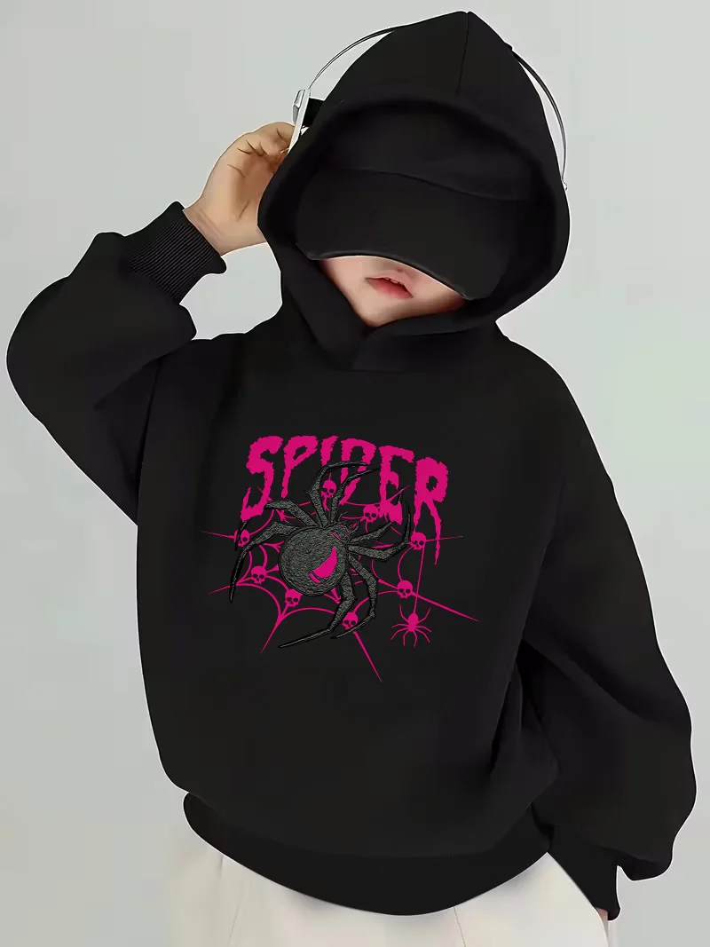 سويت شيرت بقلنسوة للأطفال كاجوال وعصري بطباعة عنكبوت متباينة باللونين الأسود والوردي #1