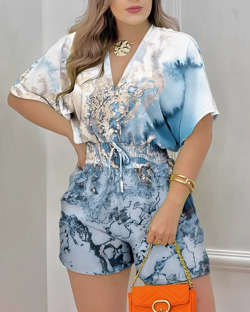 

Batwing Sleeve Shirred Waist Romper Women Spring Summer Solid Color High Waist Playsuits Shorts Pants V Neck