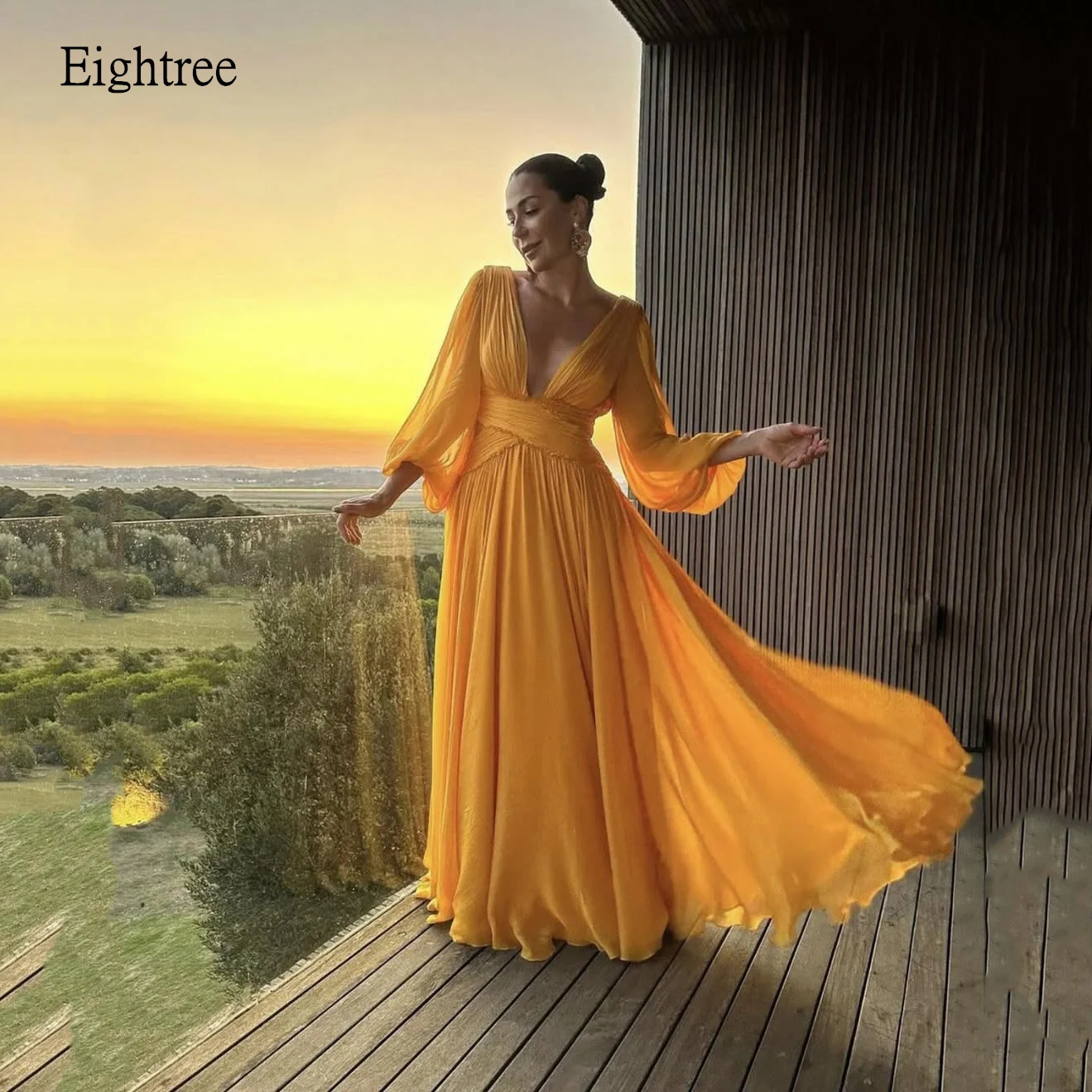 

Eightree Orange Prom Gowns Full Sleeves V Neck Formal Party Gown Chiffon Floor Length Evening Dress vestidos de gala Customized