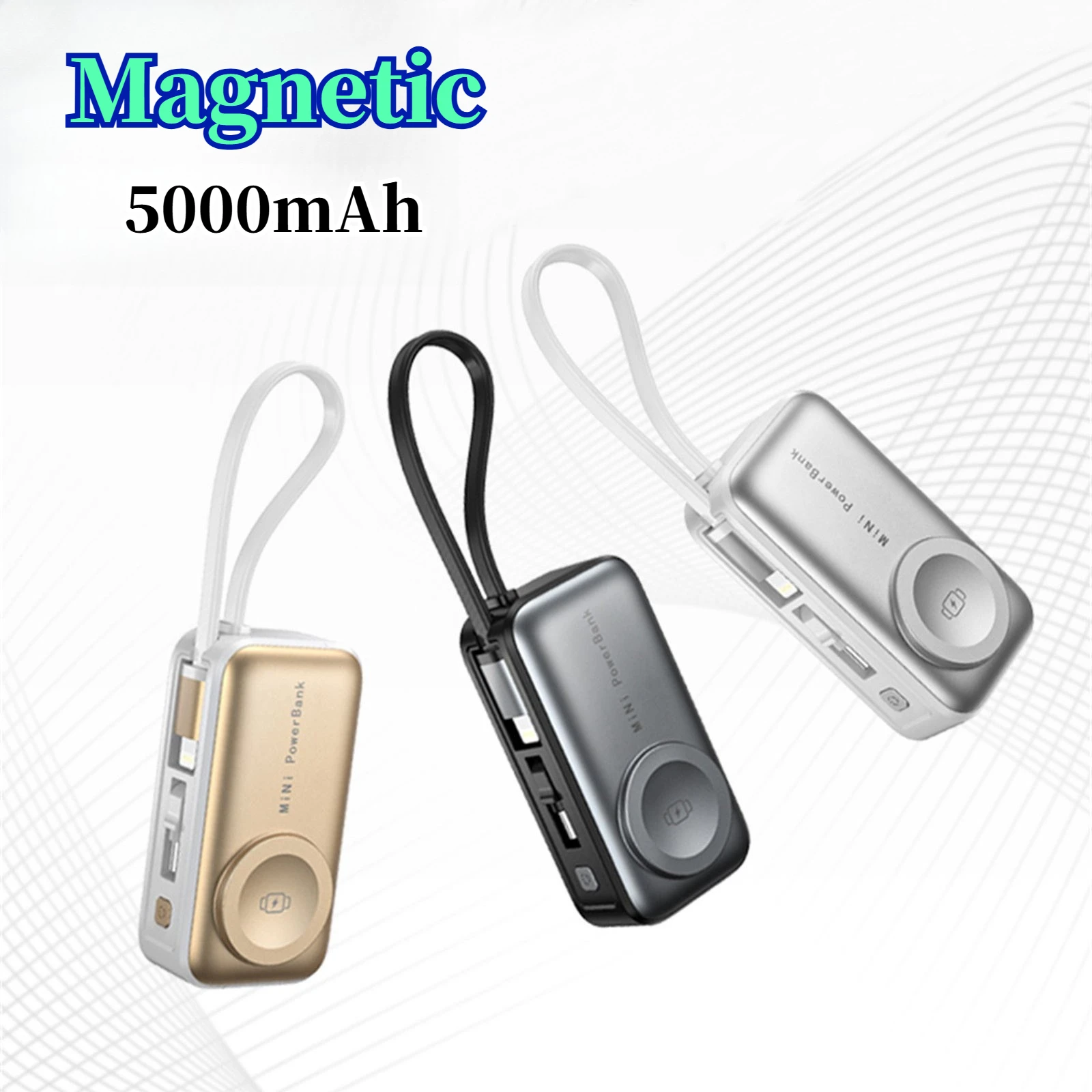 بنك طاقة مغناطيسي صغير بقدرة 5000 مللي أمبير في الساعة مع شاشة رقمية وبطارية خارجية محمولة لهاتف آيفون وشاومي وساعة أذن