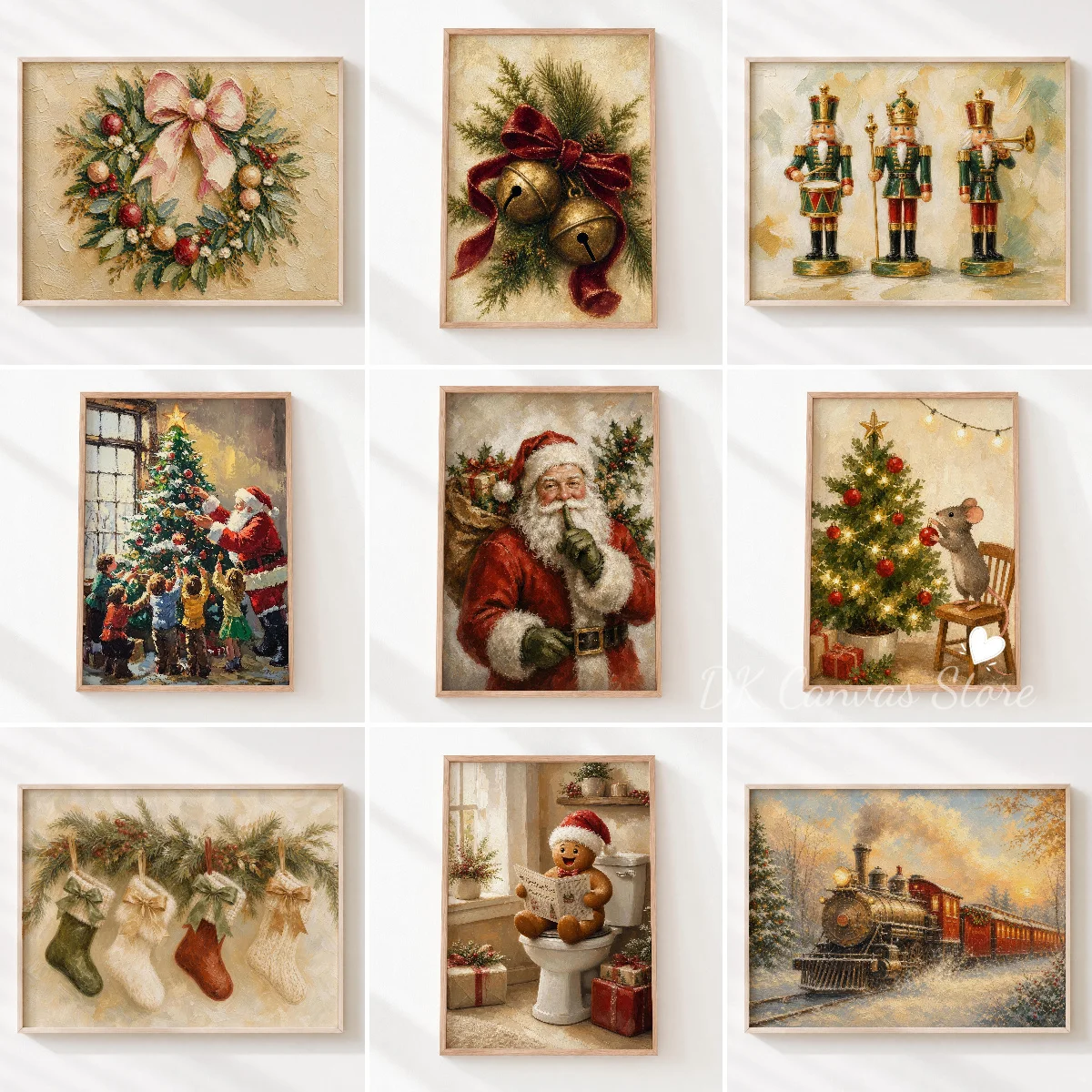 Vintage Winter Christmas Canvas Print Poster Santa Claus Christmas Tree Gingerbread Man Art Prints Holiday Wall Art Home Decor