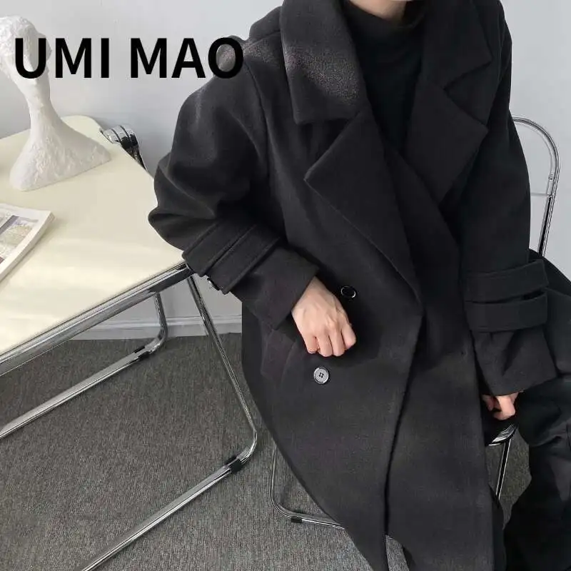 UMI MAO Men Women Long Autumn Winter Niche Korean Designer Models Asymmetric Tweed Trench Coat Tweed Deconstruction Jacket Y2K