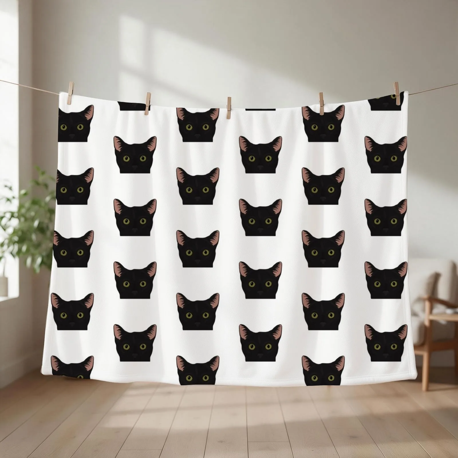 Curious Black Cat - Green Eyes Black Nose Throw Blanket couch cozy soft plush fuzzy picnic outdoor blanket