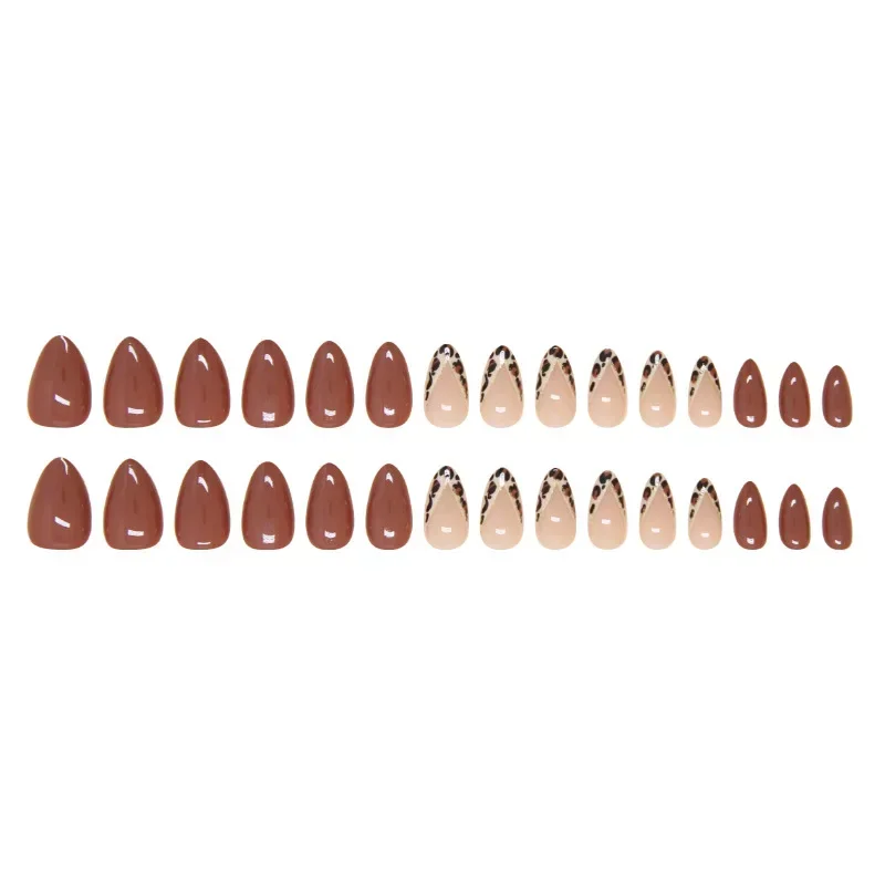 24Pcs Short Red Brown Press on Nails V-shaped Leopard Print Fake Nails Irregular French  Wearable Full Cover False Nails Tips