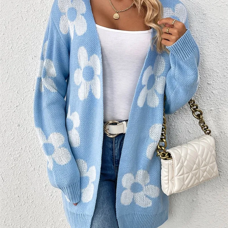 

Женский вязаный свитер средней длины, пальто V-Ne Long Sve, свободный крой, цветной блуз, открытый кардиган с цветочным принтом, зимняя верхняя одежда