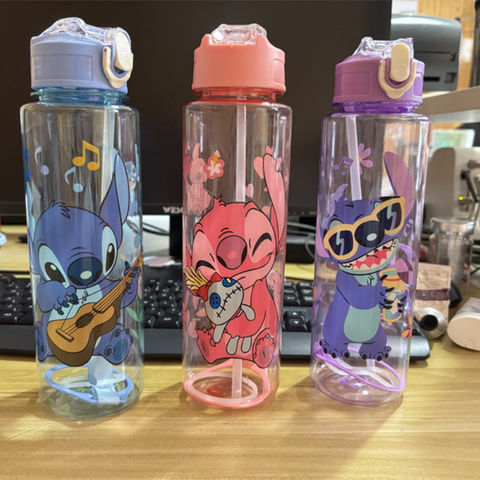 700ML Stitch Angel Cartoon Water Cup Gray Blue Portable Plastic Large Capacity Cartoon Figures Clear Cup Outdoor Sports Water Bo