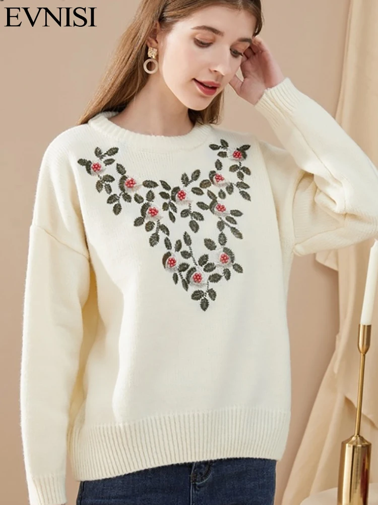 Flower Embroidery Sweater Floral Knitted Korean Chic Casual Long Sleeve Sweaters Sweet O Neck Soft Winter Handmade 2021 New