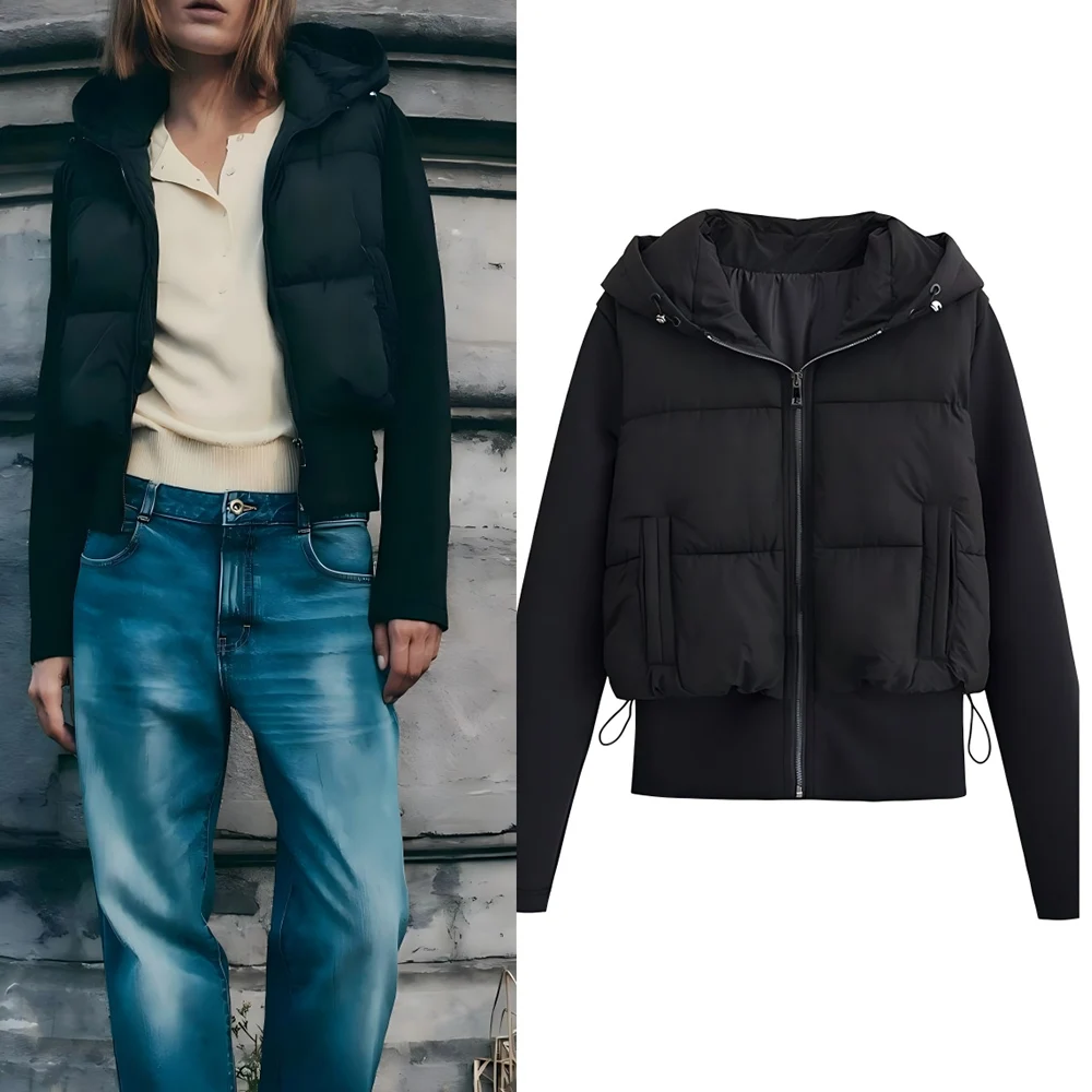 

Women's winter fashion with drawstring black splicing hooded cotton Coat retro long sleeved zipper women's Coat chic top
