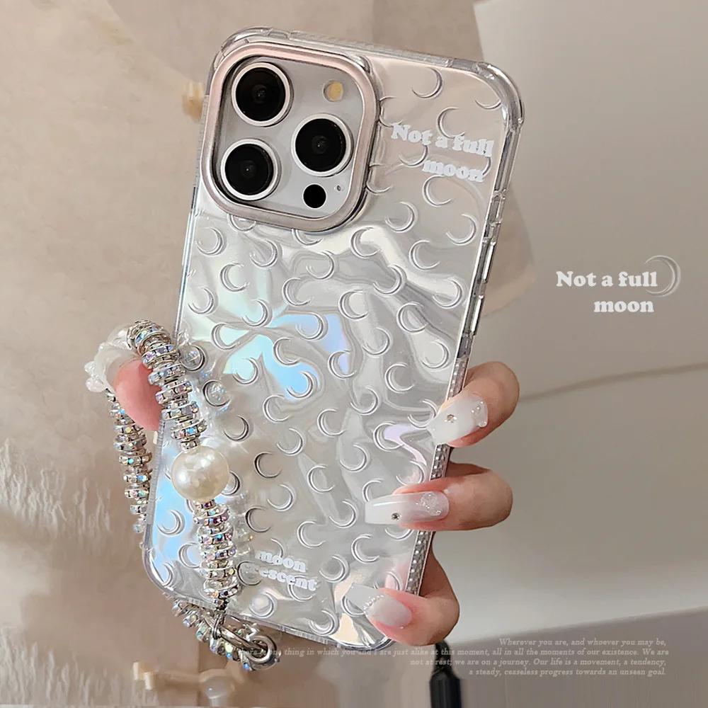 Ins silvery moon water-ripple fundas for iphone 15 13pro 15promax 14pro 14 13 12 pro max plating phone case 3d pearl pendant