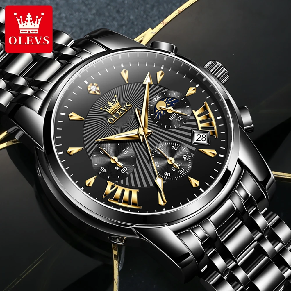 OLEVS 2892 Men's Watch Original Quartz Watch Stainless Steel Men's Moon Phase Watch With Box Waterproof Timing Men's Watch