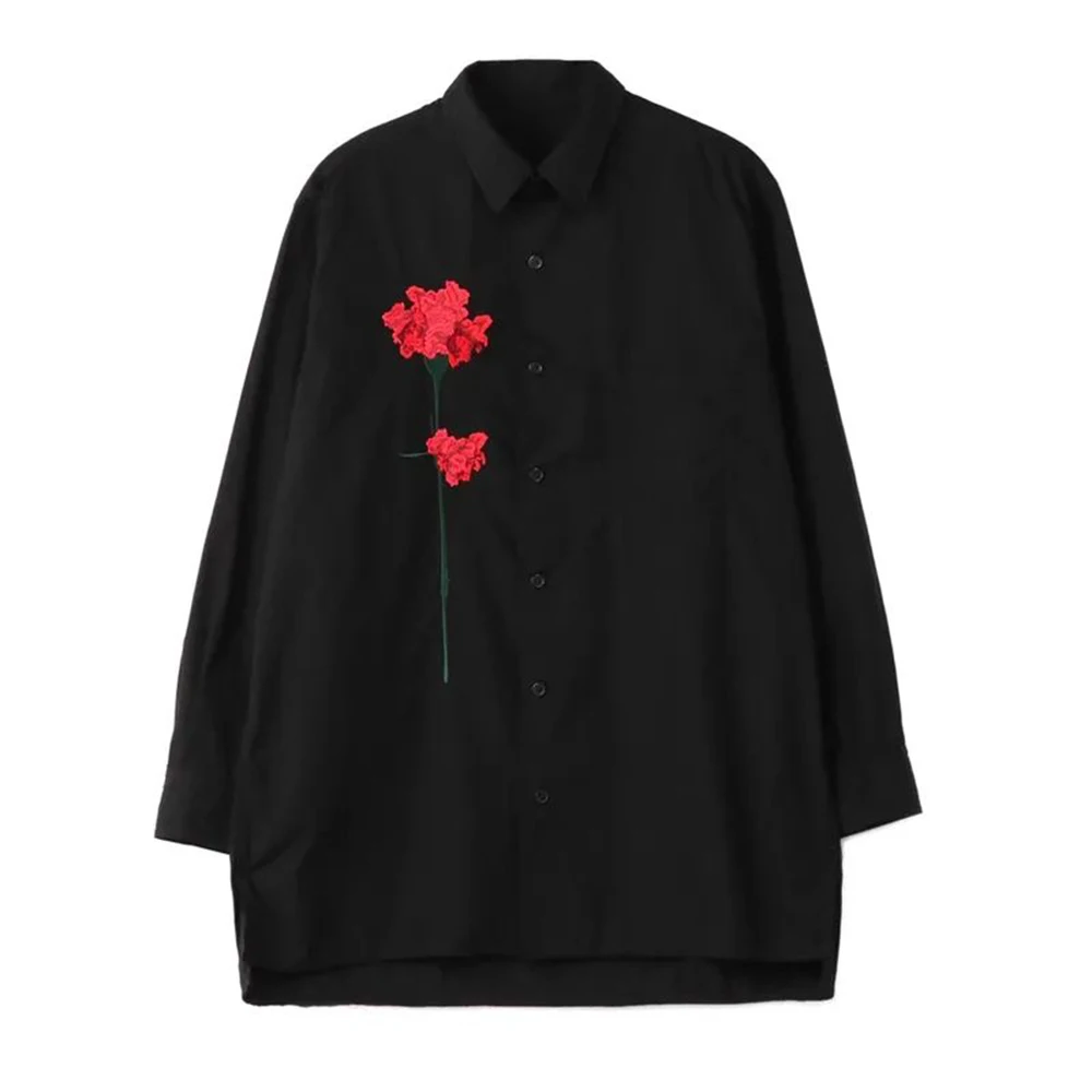 Mens Japanese Dark Style Carnation Flower Embroidered Shirt Genderless Autumn Casual Loose Mid-Length Long-Sleeve Shirt Unisex