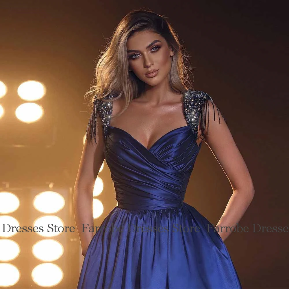 

Classic Women's Evening Ball Gowns Satin A-line Celebrity Dress Dark Royal Blue Sweetheart Beads Tassel Women's Evening Dresses