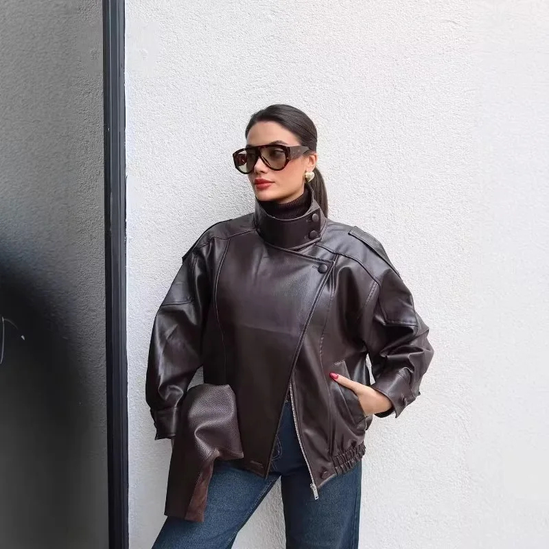 Vintage PU Leather Bomber Jackets 2026 Spring New Ladies Zipper Lapel Long Sleeve Pocket Coat With Belt Women's Loose Streetwear
