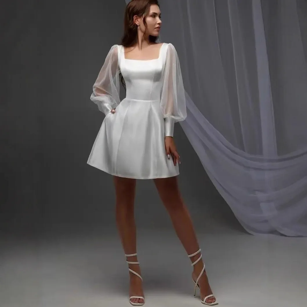 

Simple Short Wedding Dress Square Neck Long Puffy Sleeves Satin Mini Bridal Bride Party Grown Beach Vestidos De Noiva