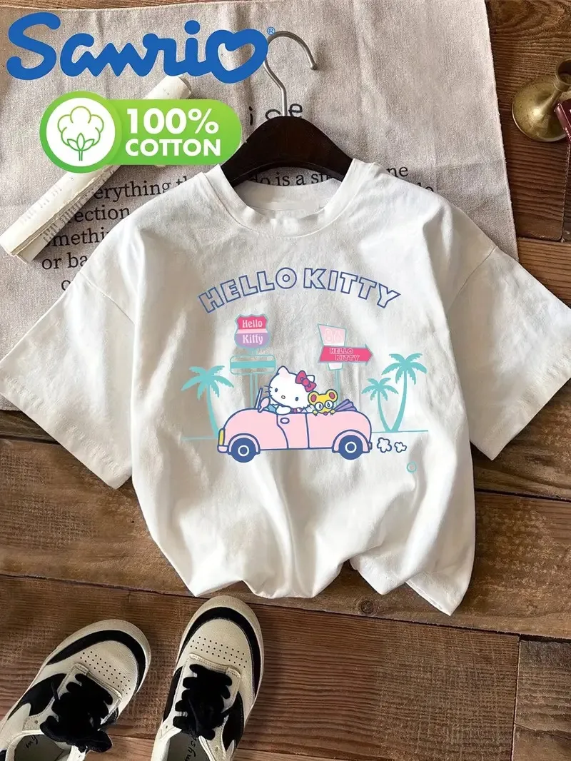 

Хлопковая футболка Sanrio Hello Kitty Cute Kitty in Car with Palm Trees Print 100% чистый хлопок для стильной дорожной футболки S-4XL