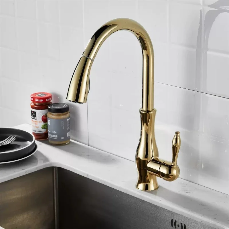 

Gold Polish Swivel Spout Kitchen Sink Faucet Pull Down Sprayer Fashion Design Bathroom Kitchen Hot&Cold Water Mixer Tap