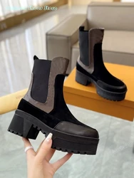 Luxury Black Thick Sole Square Heel Ankle Boots British Patchwork Height Increasing Shoes Women Girls Footwear Modern Boots