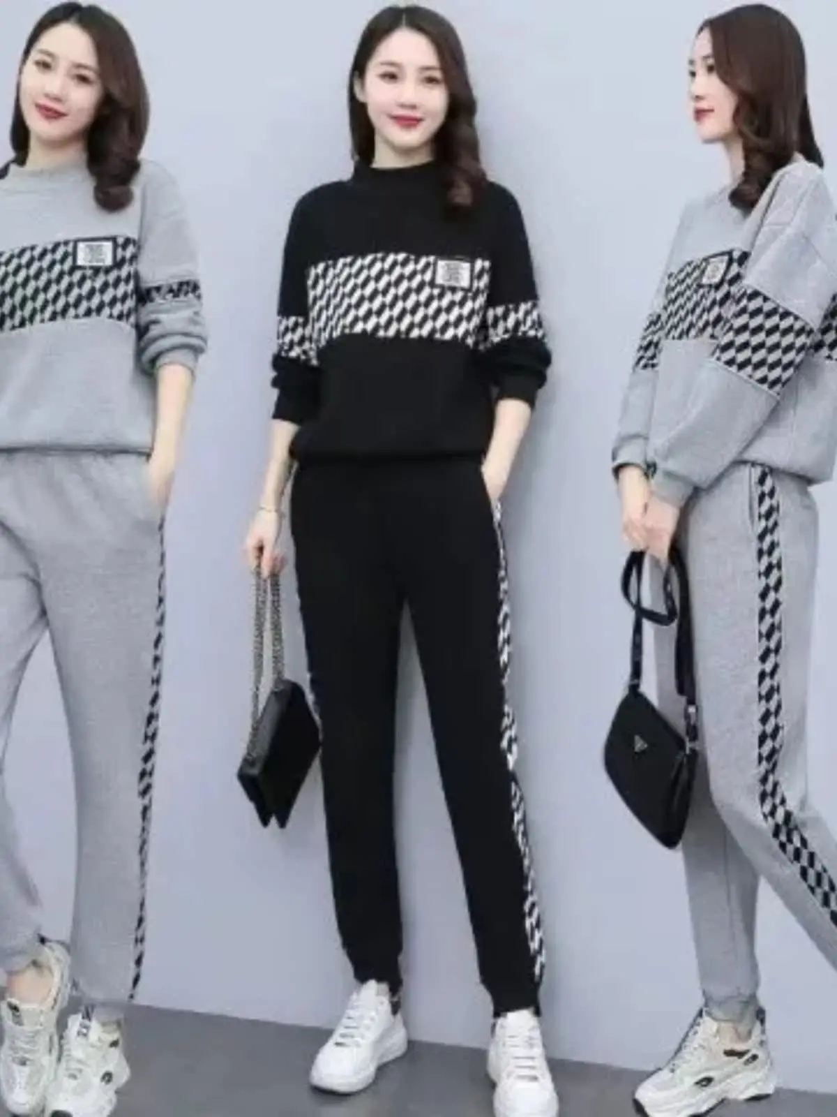 

Весенний комплект 2024 года: модный спортивно-повседневный костюм-двойка для женщин больших размеров, удобный, из полиэстера, с длинным рукавом, круглой горловиной