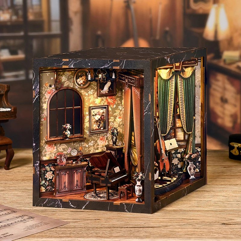 FurHaven Retro DIY Wooden Book Nook Figurines Miniature Kits Musicallnstrument Box Bookshelf Home Bookend Decoration Gifts